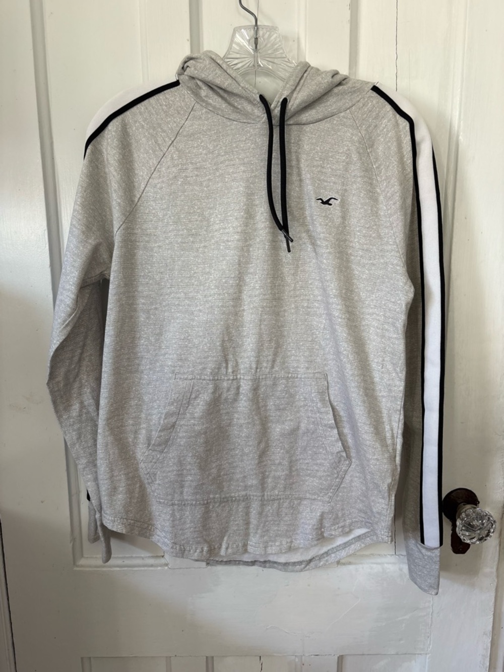 Hollister Heather Gray Hoodie with Black & White Sleeve Stripes